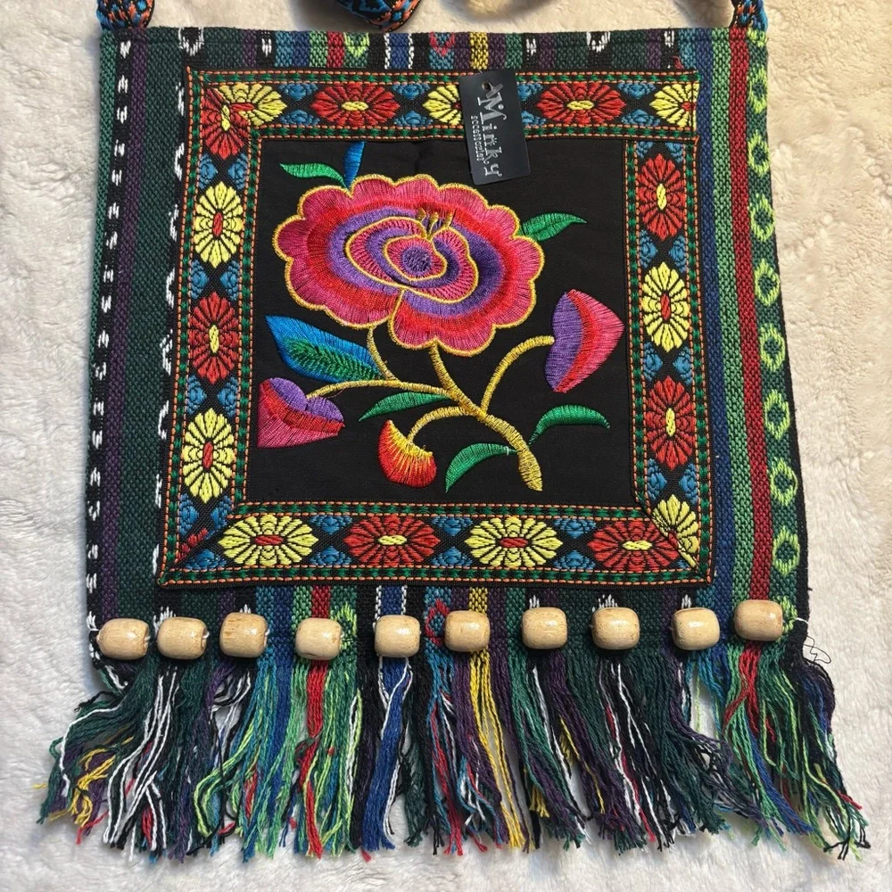 NEW Crossbody Bag Black Fabric Floral Embroidered Boho Wood Beads Fringe NWT - Picture 5 of 16